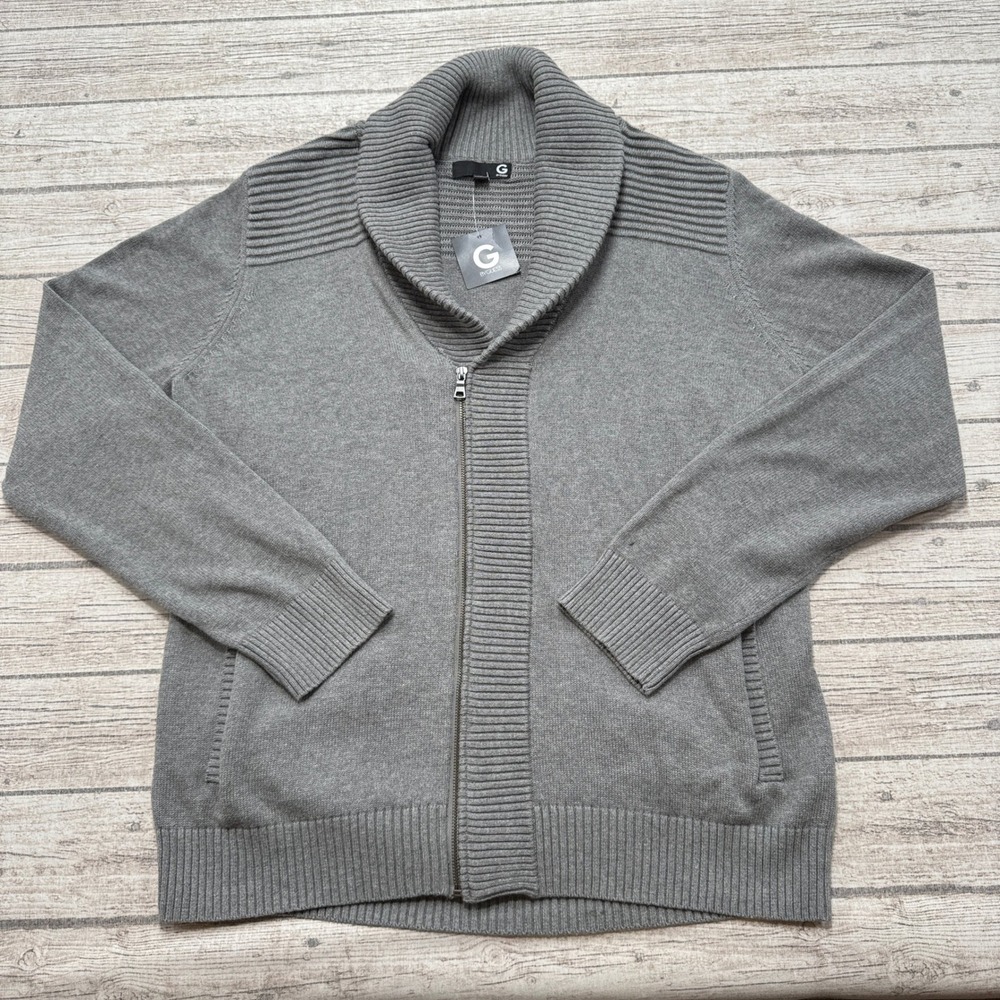 NEW G By Guess Sweater Mens 2XL Gray Full Zip Ribbed Cotton Ansel Shawl Cardigan
